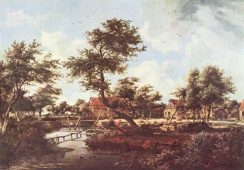 Meindert Hobbema Dorf mit den Wassermuhlen oil painting image